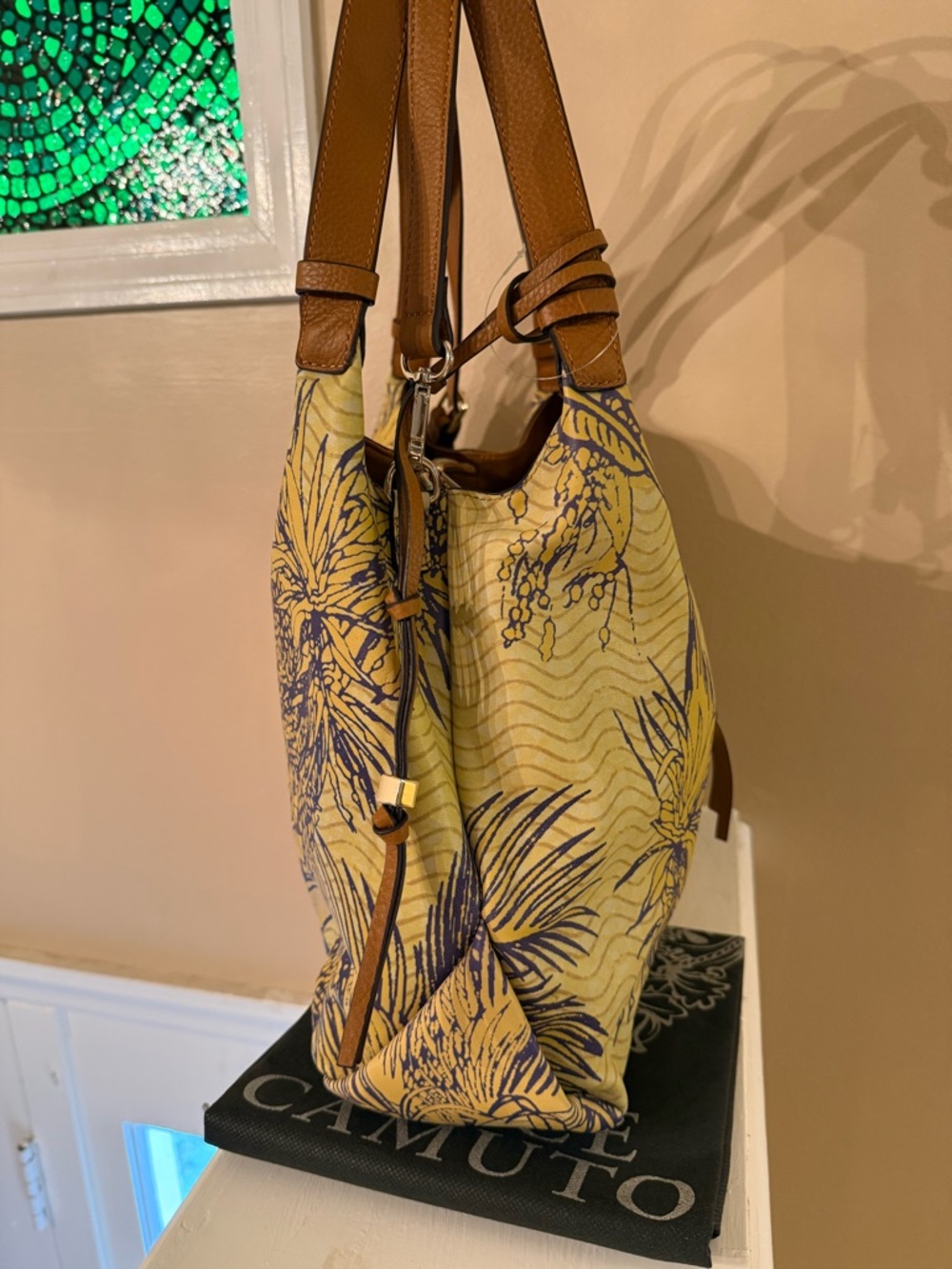 Vince Camuto Tania Convertible Leather Tote ~Tropical Yellow/Purple NWOT w/dusty - Picture 15 of 17